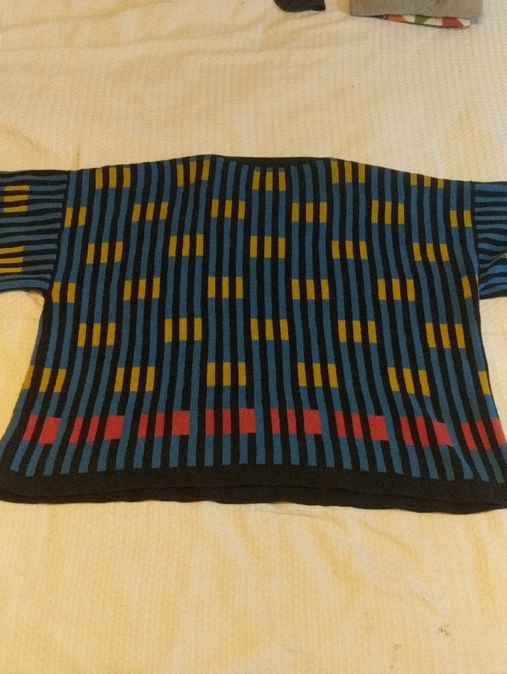 Blue Striped Short-Sleeve Knit Top with Yellow and Pink Accents - Picture 8 of 11